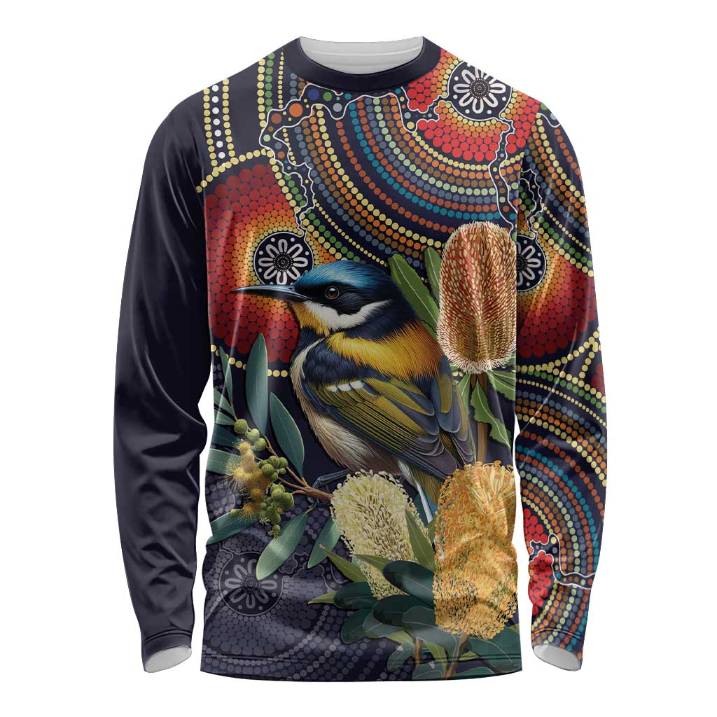 Aussie Honeyeaters Banksia Flowers Long Sleeve Shirt Aboriginal Dots Painting