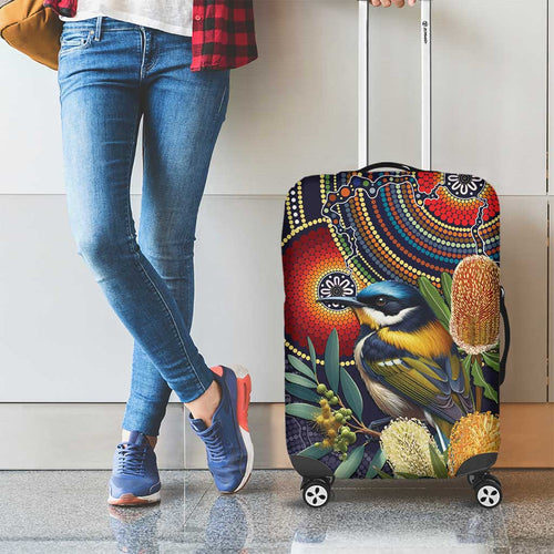 Aussie Honeyeaters Banksia Flowers Luggage Cover Aboriginal Dots Painting