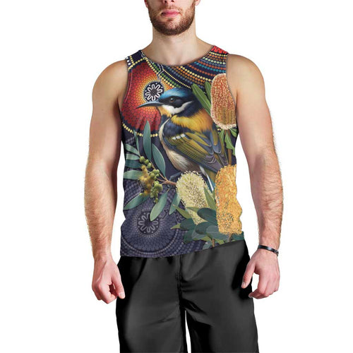 Aussie Honeyeaters Banksia Flowers Men Tank Top Aboriginal Dots Painting
