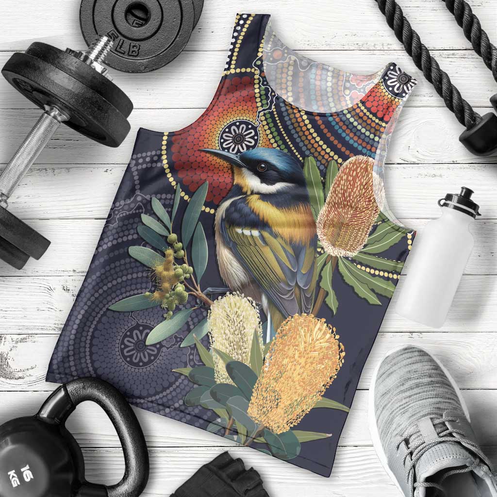 Aussie Honeyeaters Banksia Flowers Men Tank Top Aboriginal Dots Painting