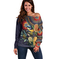 Aussie Honeyeaters Banksia Flowers Off Shoulder Sweater Aboriginal Dots Painting