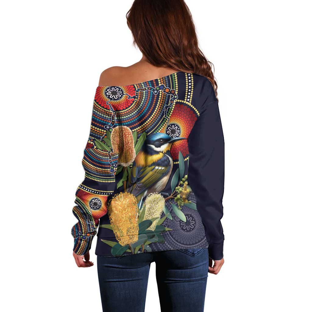 Aussie Honeyeaters Banksia Flowers Off Shoulder Sweater Aboriginal Dots Painting
