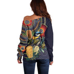 Aussie Honeyeaters Banksia Flowers Off Shoulder Sweater Aboriginal Dots Painting