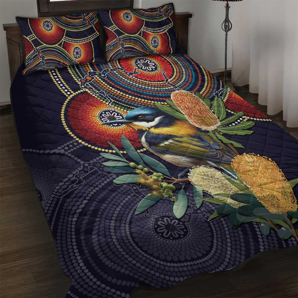 Aussie Honeyeaters Banksia Flowers Quilt Bed Set Aboriginal Dots Painting