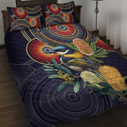 Aussie Honeyeaters Banksia Flowers Quilt Bed Set Aboriginal Dots Painting