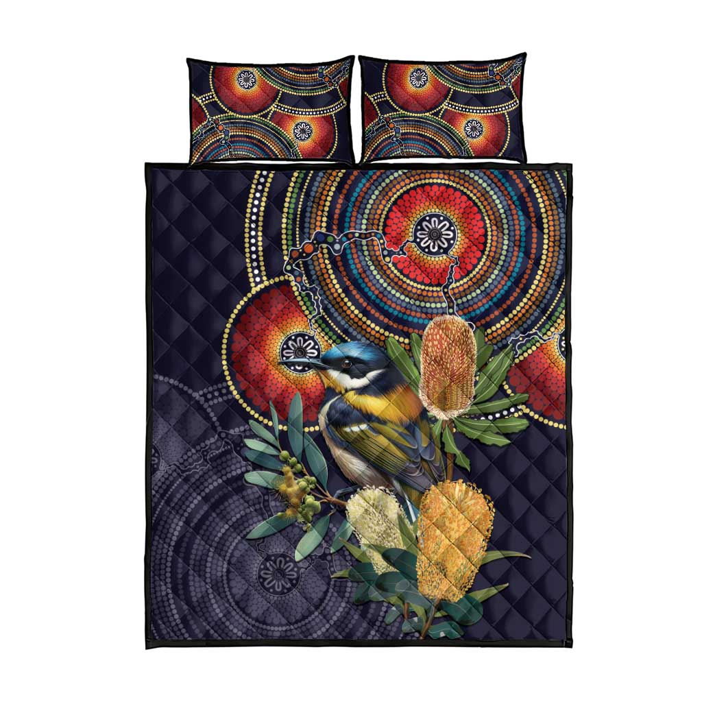 Aussie Honeyeaters Banksia Flowers Quilt Bed Set Aboriginal Dots Painting