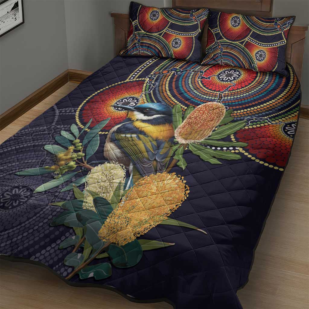 Aussie Honeyeaters Banksia Flowers Quilt Bed Set Aboriginal Dots Painting