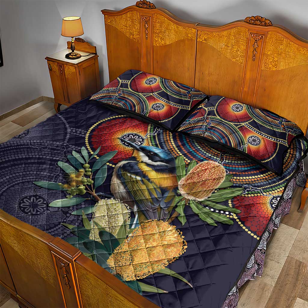 Aussie Honeyeaters Banksia Flowers Quilt Bed Set Aboriginal Dots Painting
