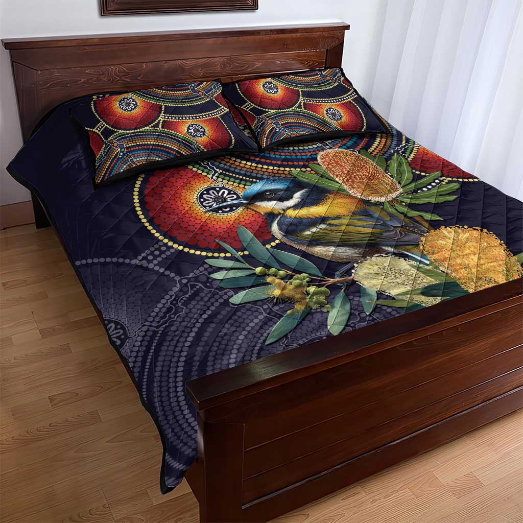 Aussie Honeyeaters Banksia Flowers Quilt Bed Set Aboriginal Dots Painting