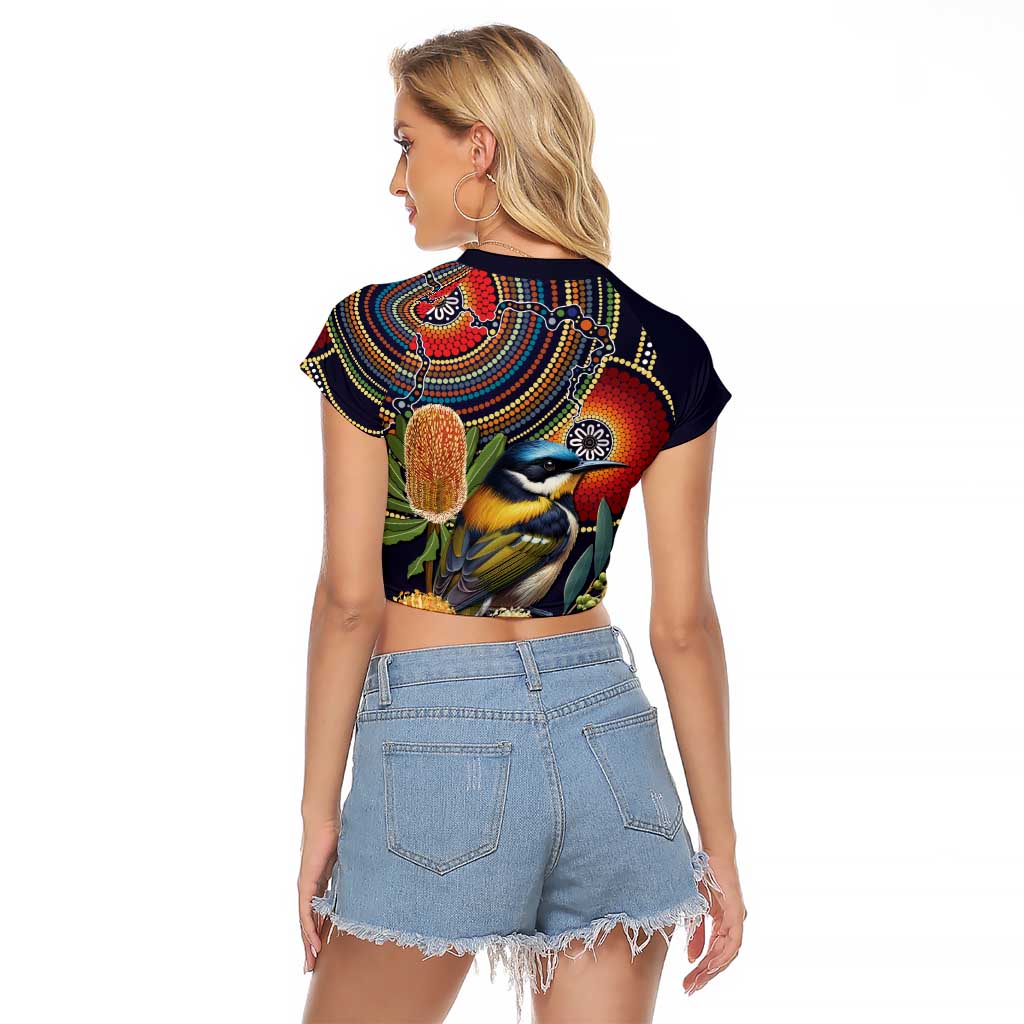 Aussie Honeyeaters Banksia Flowers Raglan Cropped T Shirt Aboriginal Dots Painting