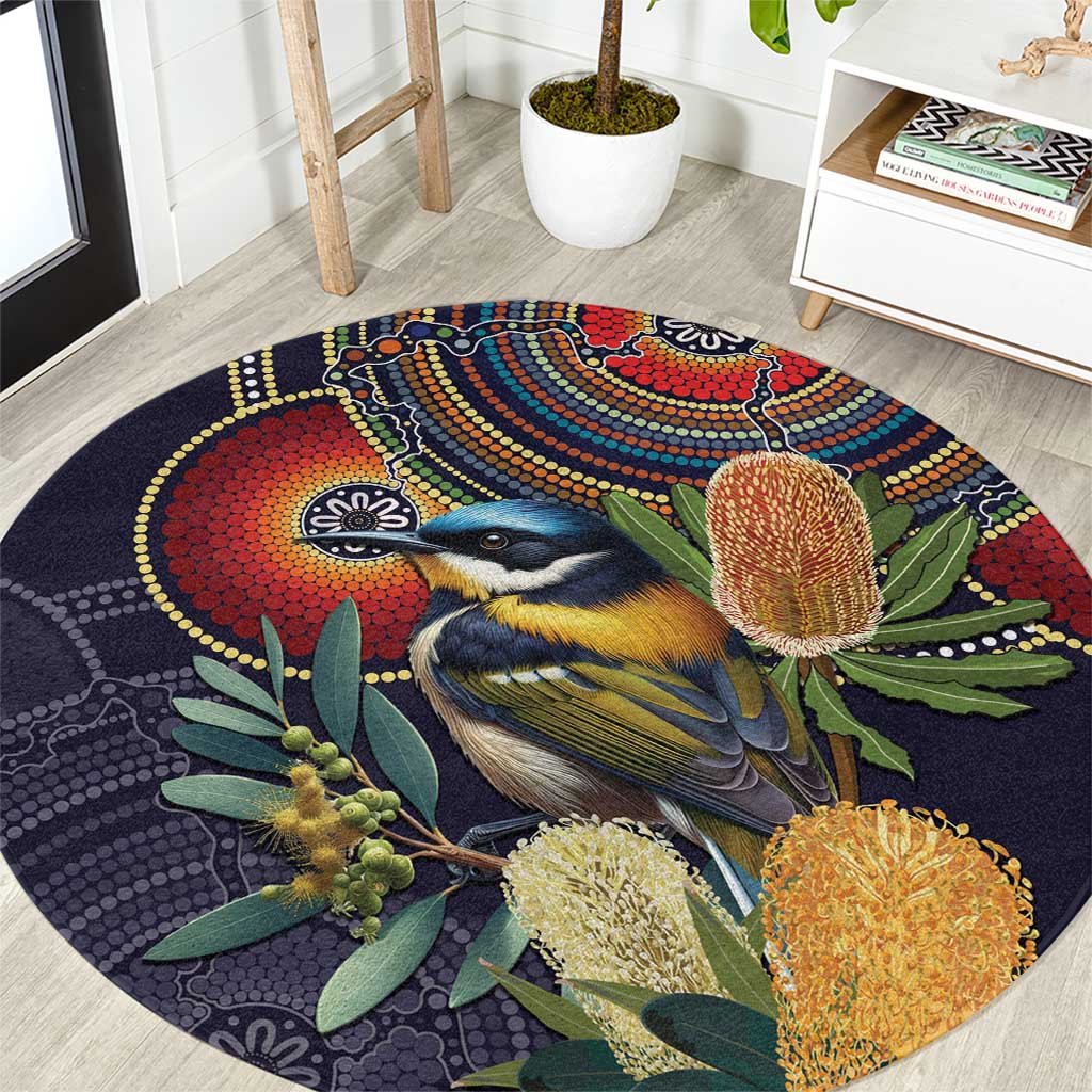 Aussie Honeyeaters Banksia Flowers Round Carpet Aboriginal Dots Painting