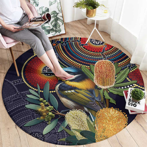 Aussie Honeyeaters Banksia Flowers Round Carpet Aboriginal Dots Painting