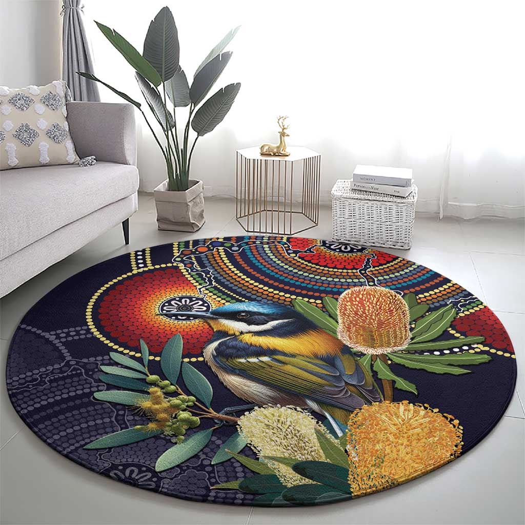 Aussie Honeyeaters Banksia Flowers Round Carpet Aboriginal Dots Painting