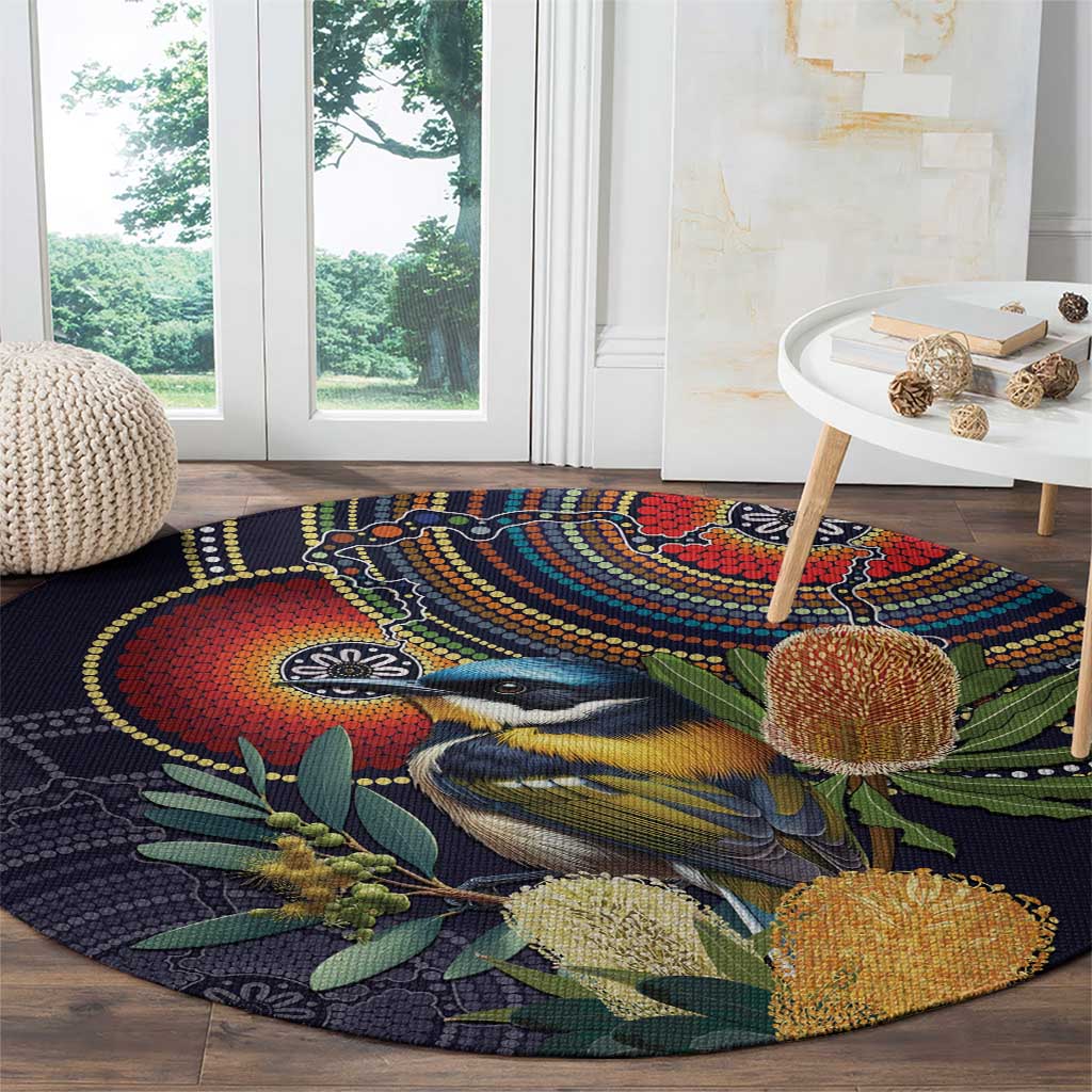 Aussie Honeyeaters Banksia Flowers Round Carpet Aboriginal Dots Painting