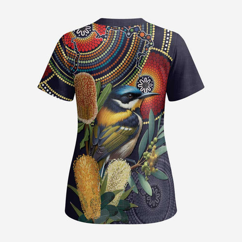 Aussie Honeyeaters Banksia Flowers Scrub Top Aboriginal Dots Painting - Aussie Hoodie