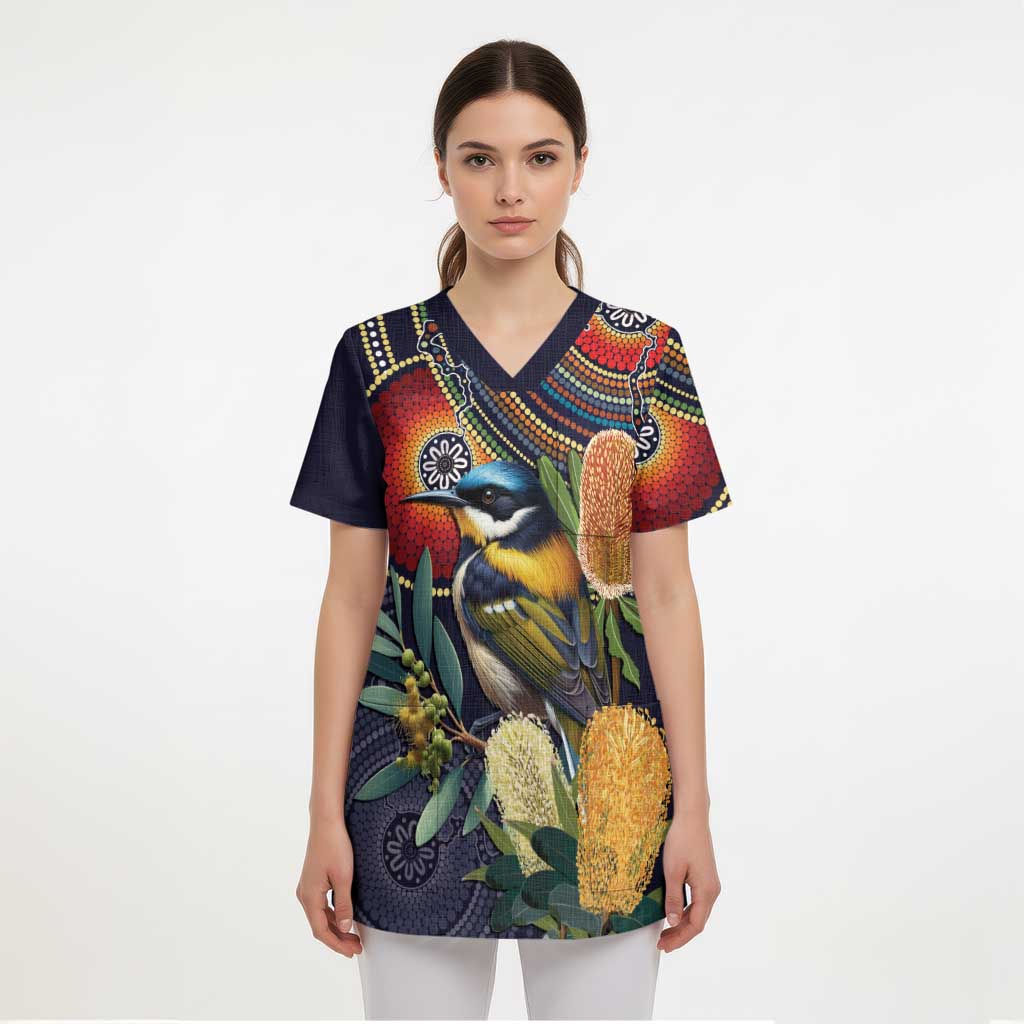 Aussie Honeyeaters Banksia Flowers Scrub Top Aboriginal Dots Painting - Aussie Hoodie