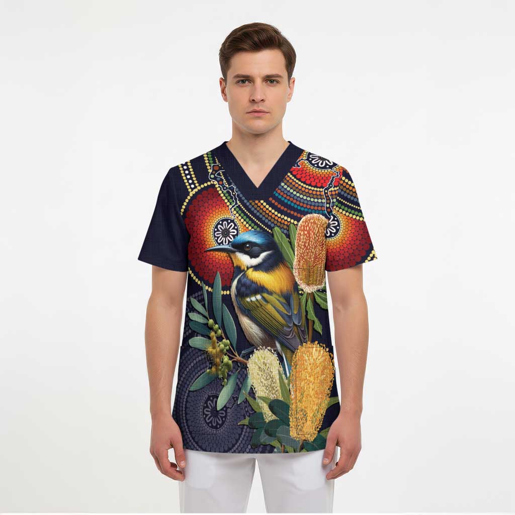 Aussie Honeyeaters Banksia Flowers Scrub Top Aboriginal Dots Painting - Aussie Hoodie