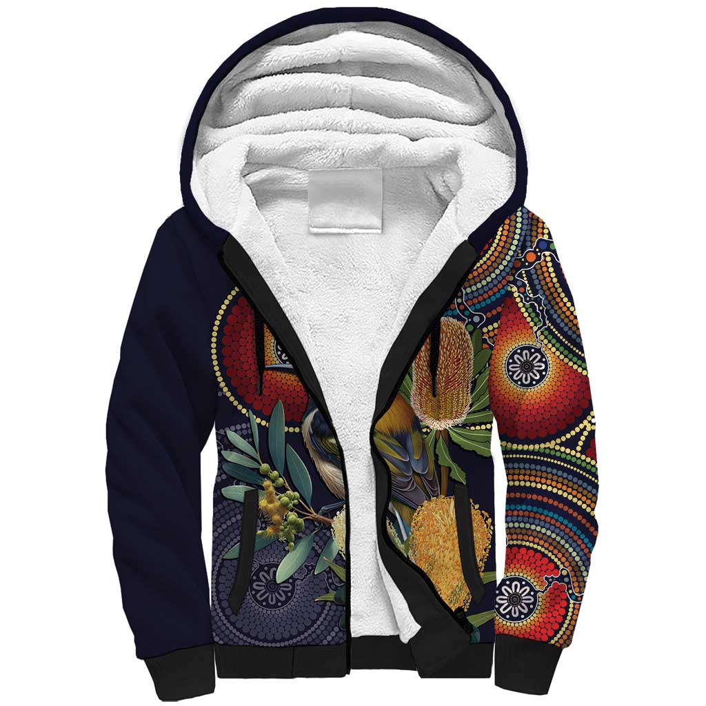 Aussie Honeyeaters Banksia Flowers Sherpa Hoodie Aboriginal Dots Painting