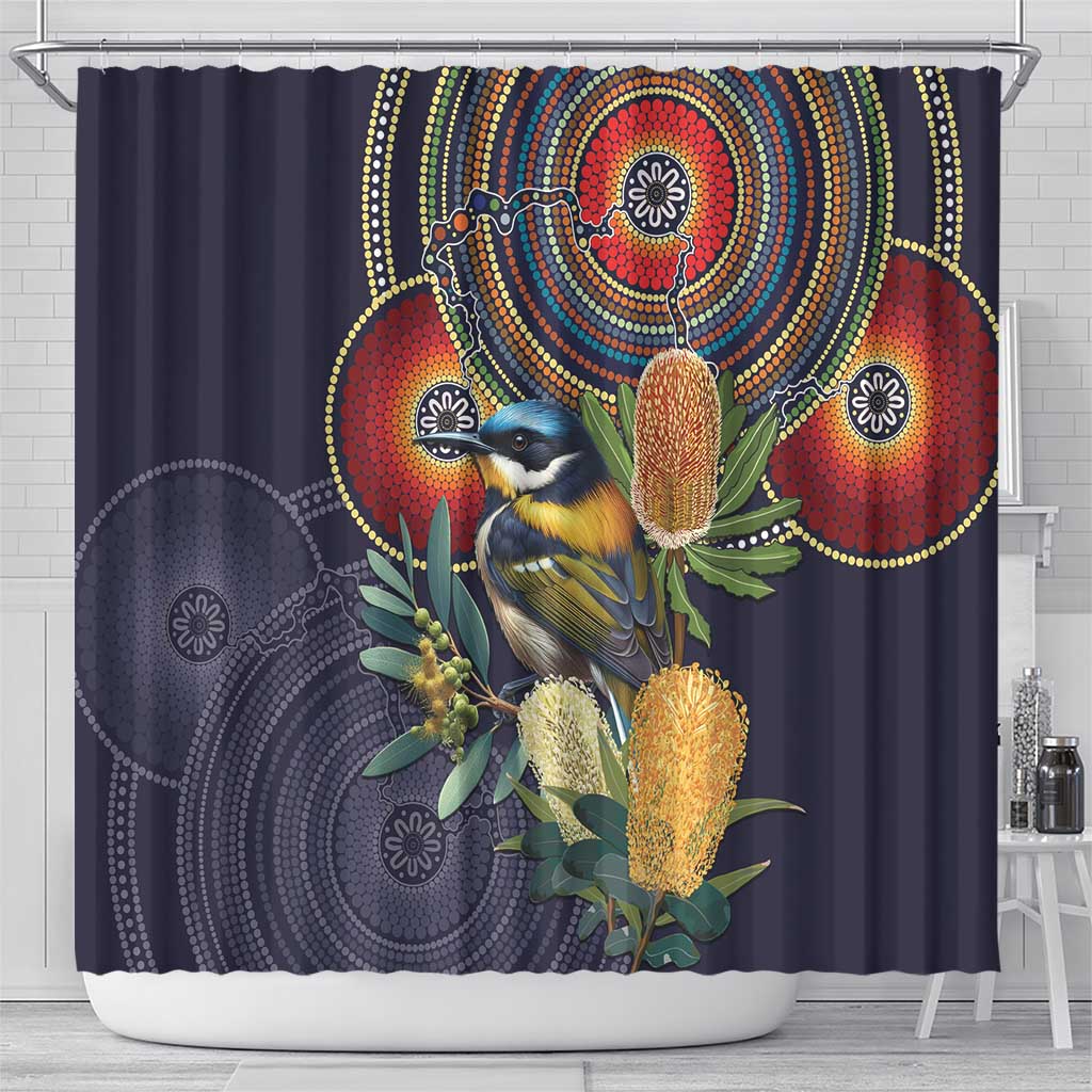 Aussie Honeyeaters Banksia Flowers Shower Curtain Aboriginal Dots Painting
