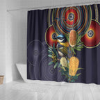 Aussie Honeyeaters Banksia Flowers Shower Curtain Aboriginal Dots Painting