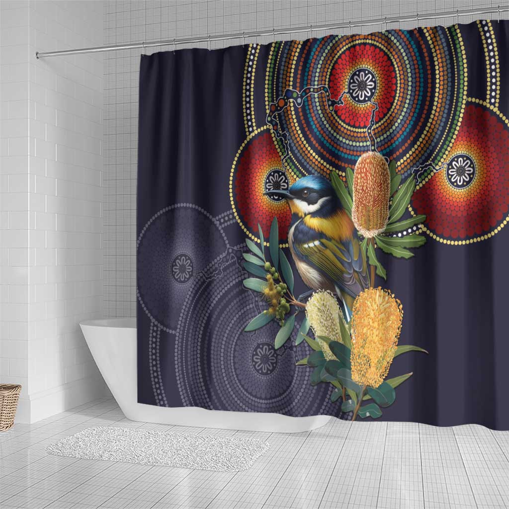 Aussie Honeyeaters Banksia Flowers Shower Curtain Aboriginal Dots Painting