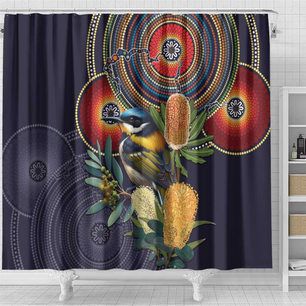 Aussie Honeyeaters Banksia Flowers Shower Curtain Aboriginal Dots Painting