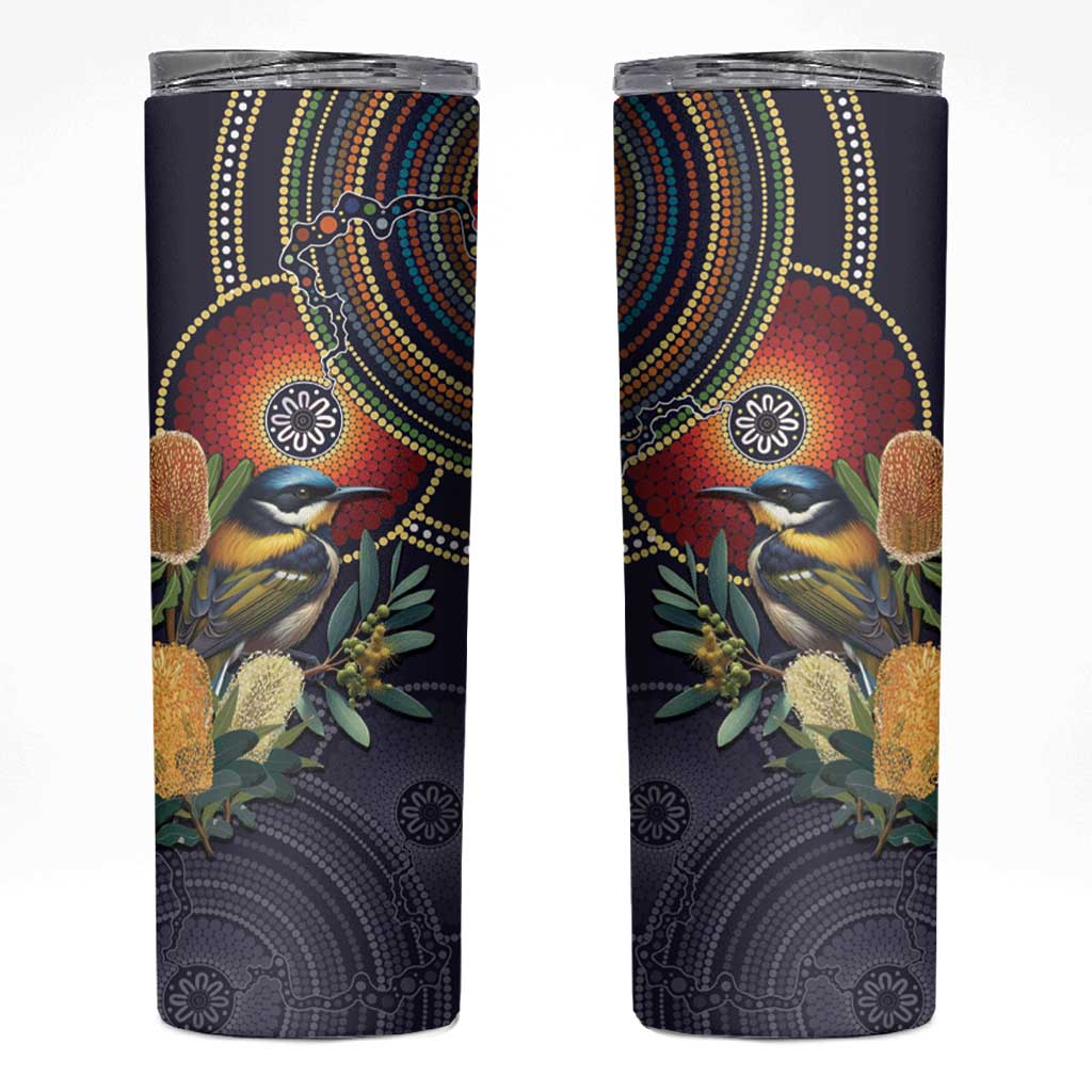 Aussie Honeyeaters Banksia Flowers Skinny Tumbler Aboriginal Dots Painting