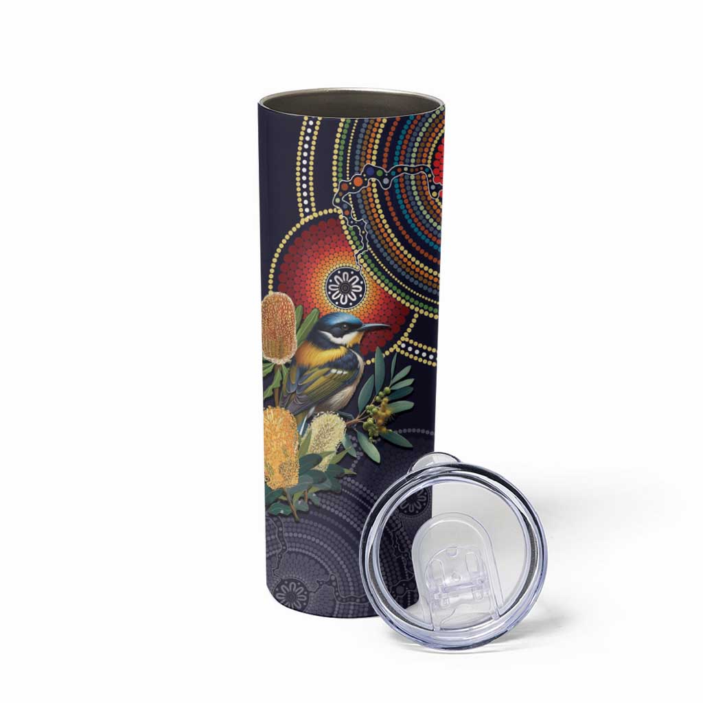 Aussie Honeyeaters Banksia Flowers Skinny Tumbler Aboriginal Dots Painting