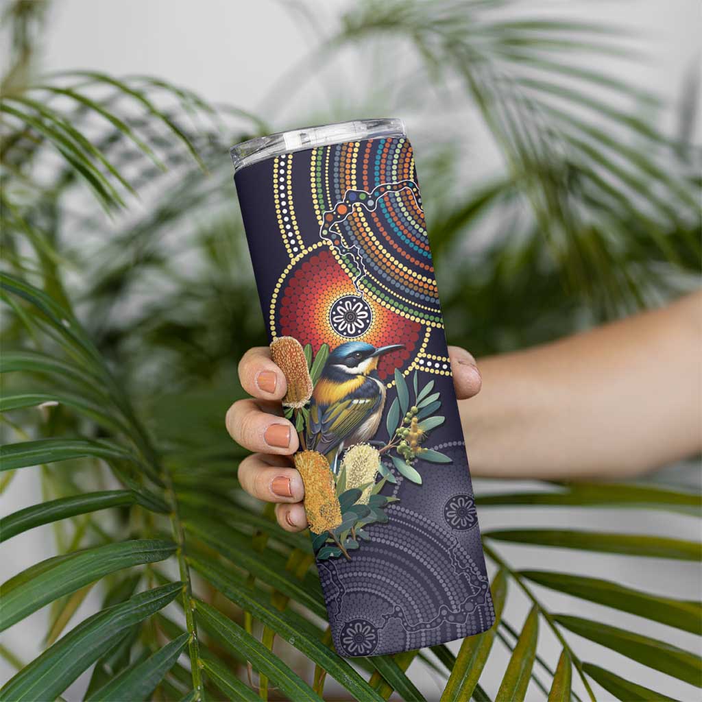 Aussie Honeyeaters Banksia Flowers Skinny Tumbler Aboriginal Dots Painting