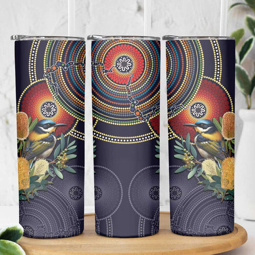 Aussie Honeyeaters Banksia Flowers Skinny Tumbler Aboriginal Dots Painting