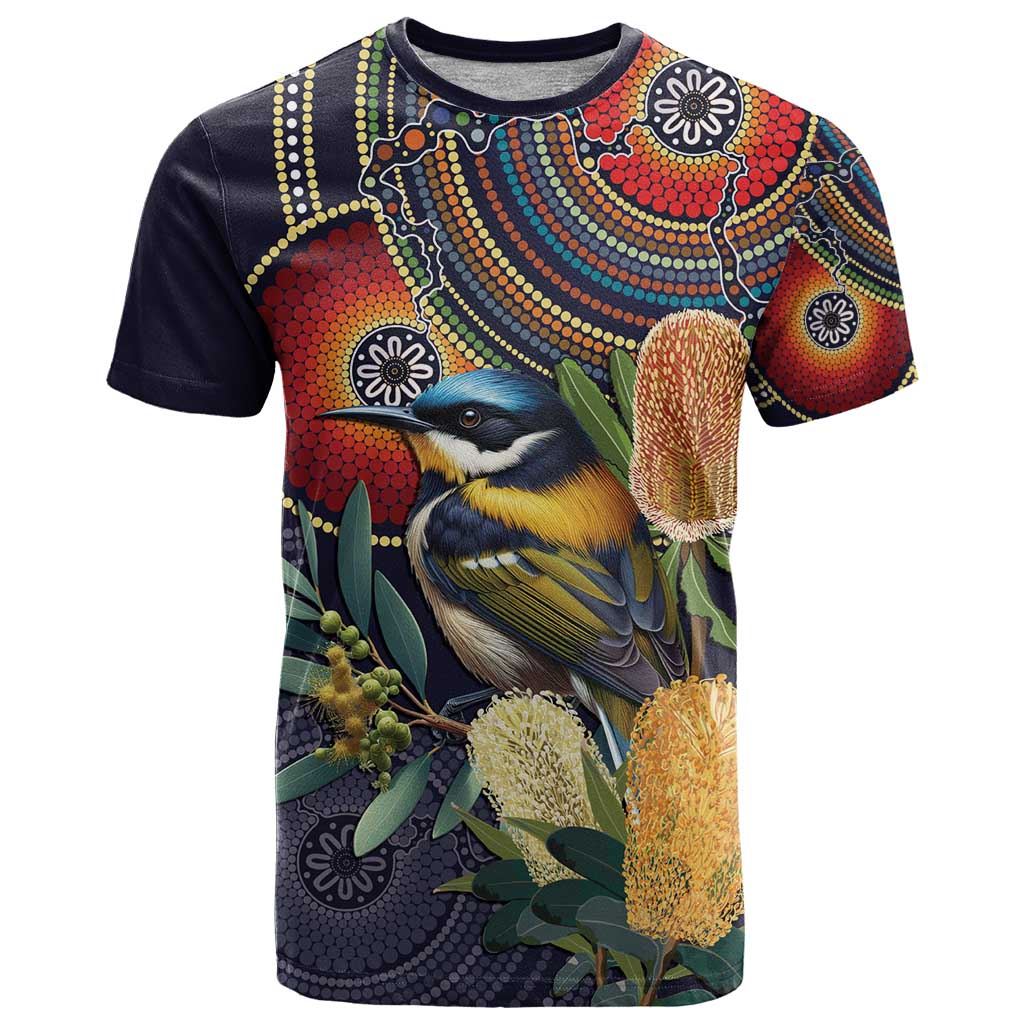 Aussie Honeyeaters Banksia Flowers T Shirt Aboriginal Dots Painting