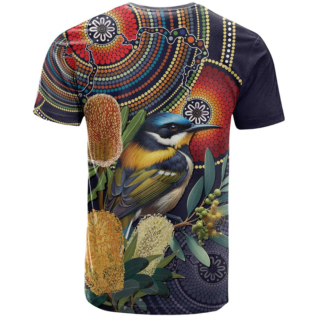 Aussie Honeyeaters Banksia Flowers T Shirt Aboriginal Dots Painting