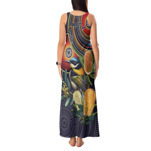 Aussie Honeyeaters Banksia Flowers Tank Maxi Dress Aboriginal Dots Painting