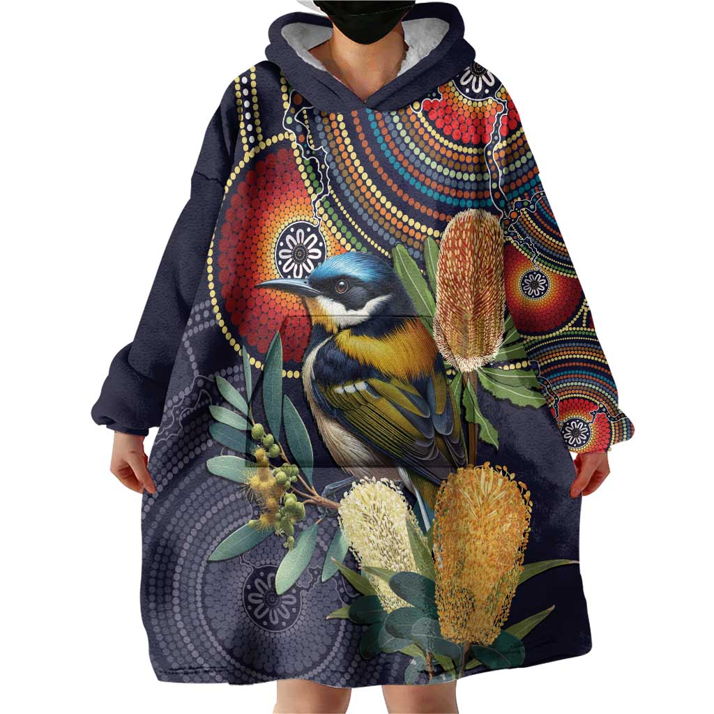 Aussie Honeyeaters Banksia Flowers Wearable Blanket Hoodie Aboriginal Dots Painting