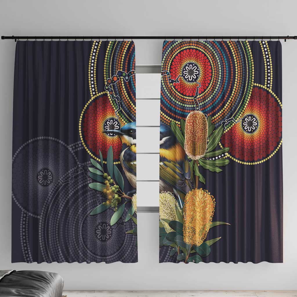 Aussie Honeyeaters Banksia Flowers Window Curtain Aboriginal Dots Painting