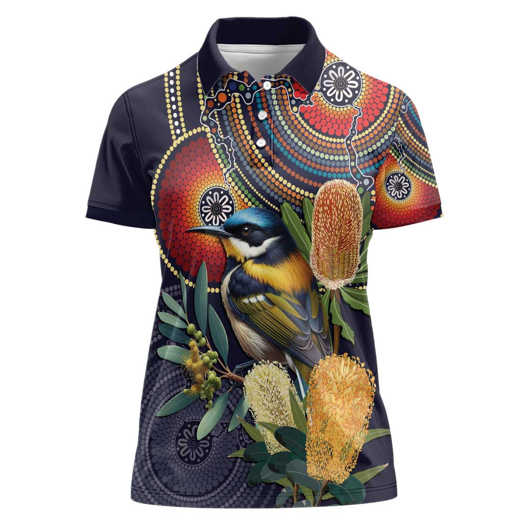 Aussie Honeyeaters Banksia Flowers Women Polo Shirt Aboriginal Dots Painting