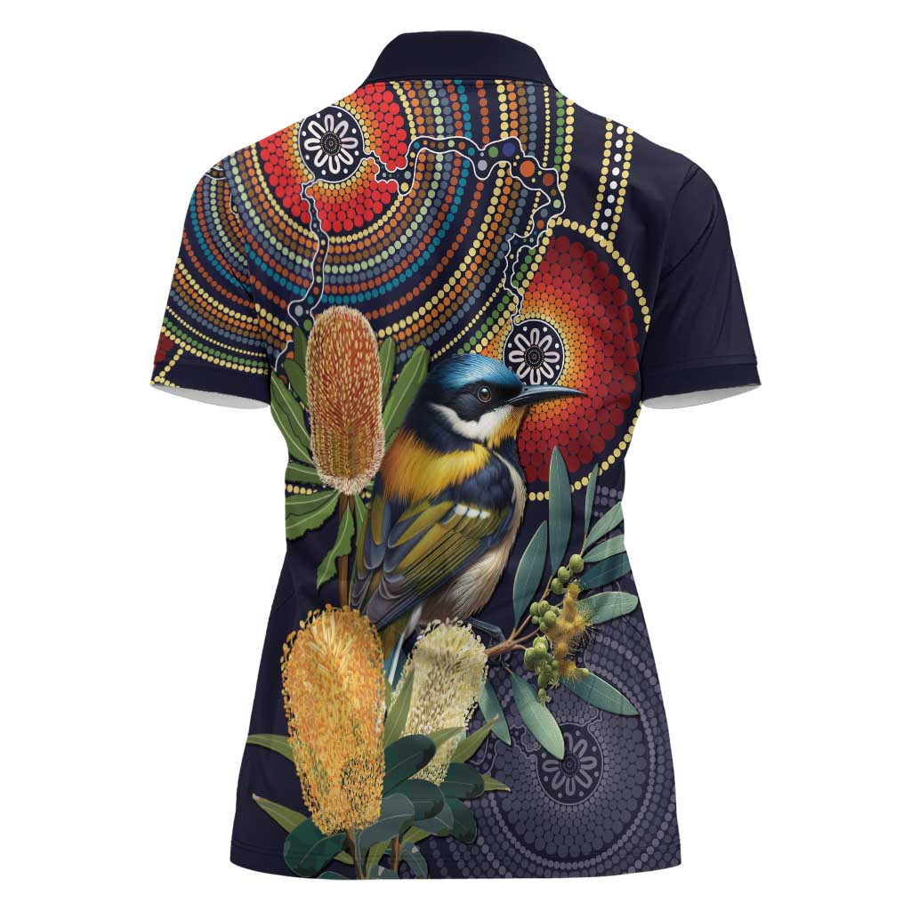 Aussie Honeyeaters Banksia Flowers Women Polo Shirt Aboriginal Dots Painting