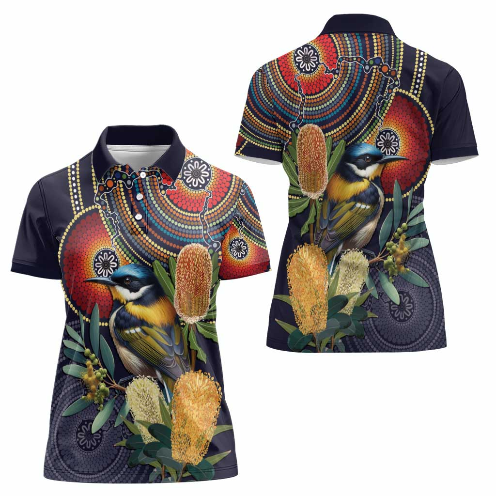 Aussie Honeyeaters Banksia Flowers Women Polo Shirt Aboriginal Dots Painting