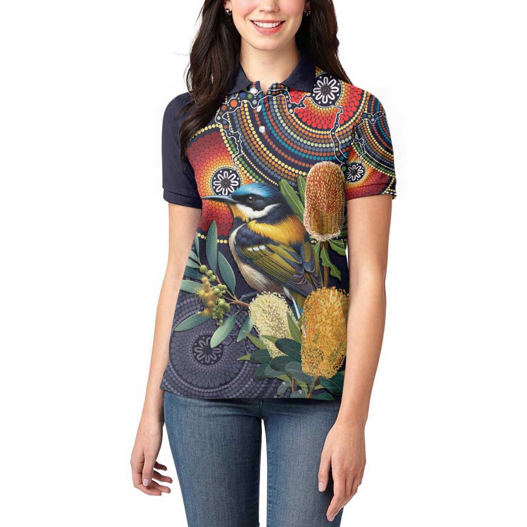 Aussie Honeyeaters Banksia Flowers Women Polo Shirt Aboriginal Dots Painting