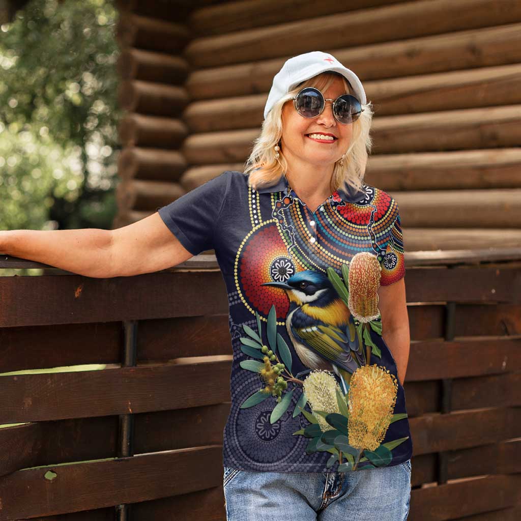 Aussie Honeyeaters Banksia Flowers Women Polo Shirt Aboriginal Dots Painting