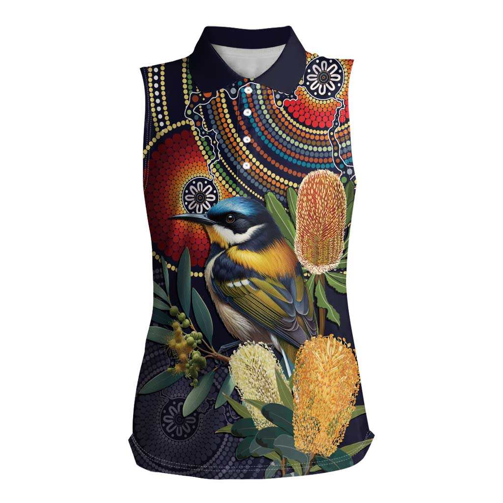 Aussie Honeyeaters Banksia Flowers Women Sleeveless Polo Shirt Aboriginal Dots Painting
