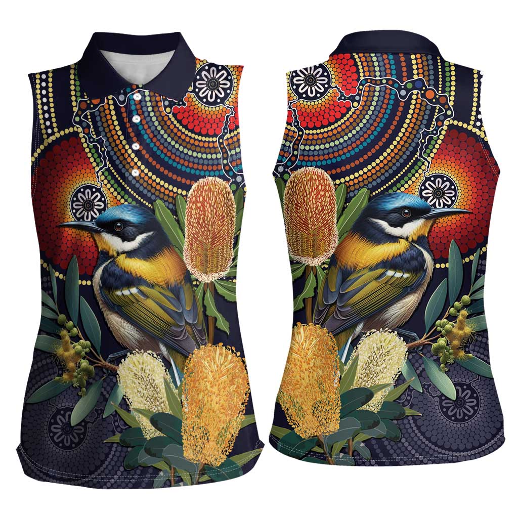 Aussie Honeyeaters Banksia Flowers Women Sleeveless Polo Shirt Aboriginal Dots Painting