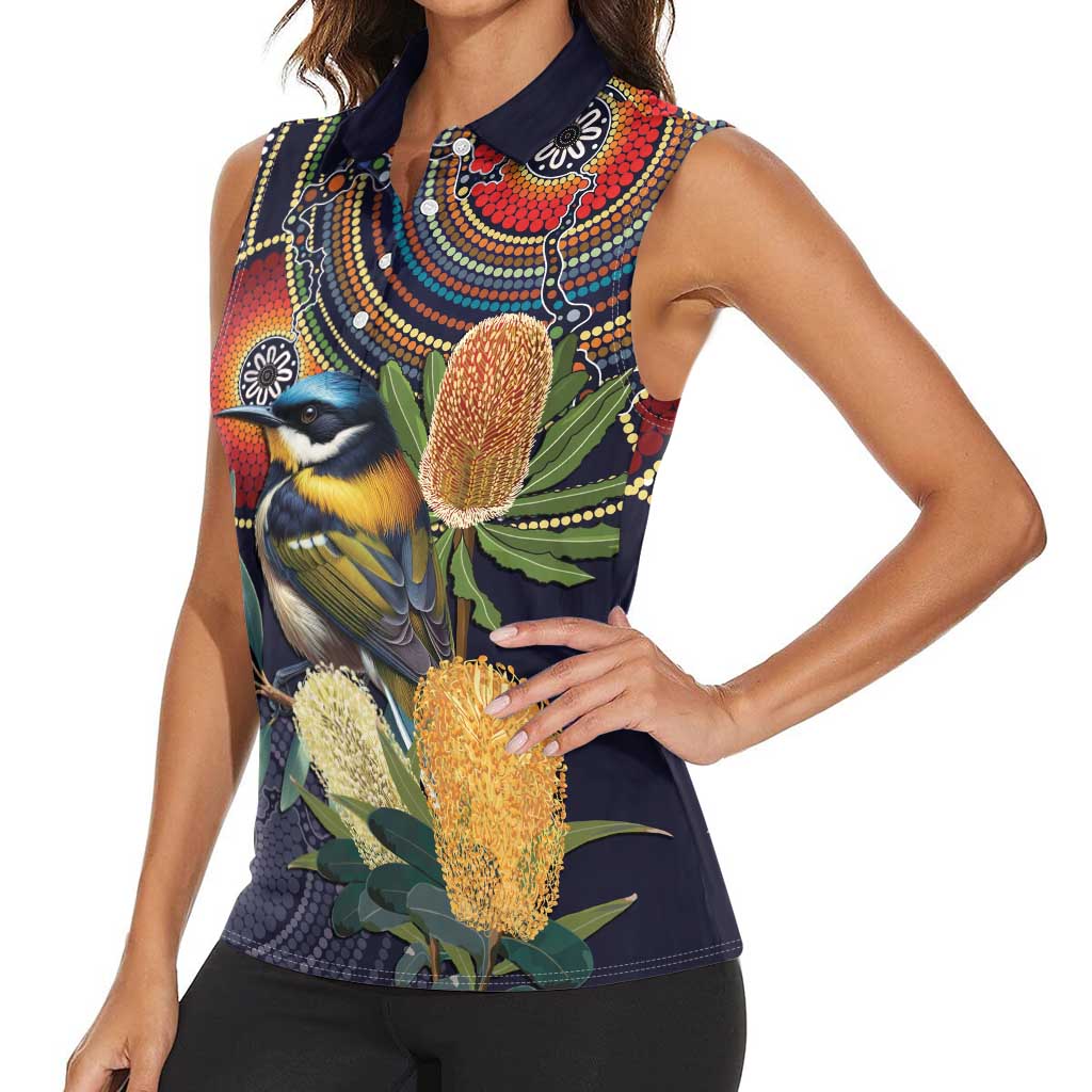 Aussie Honeyeaters Banksia Flowers Women Sleeveless Polo Shirt Aboriginal Dots Painting