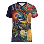Aussie Honeyeaters Banksia Flowers Women V-Neck T-Shirt Aboriginal Dots Painting