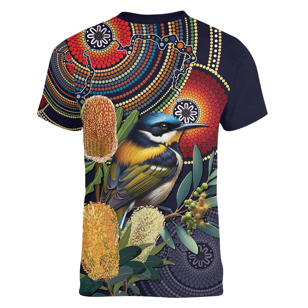 Aussie Honeyeaters Banksia Flowers Women V-Neck T-Shirt Aboriginal Dots Painting