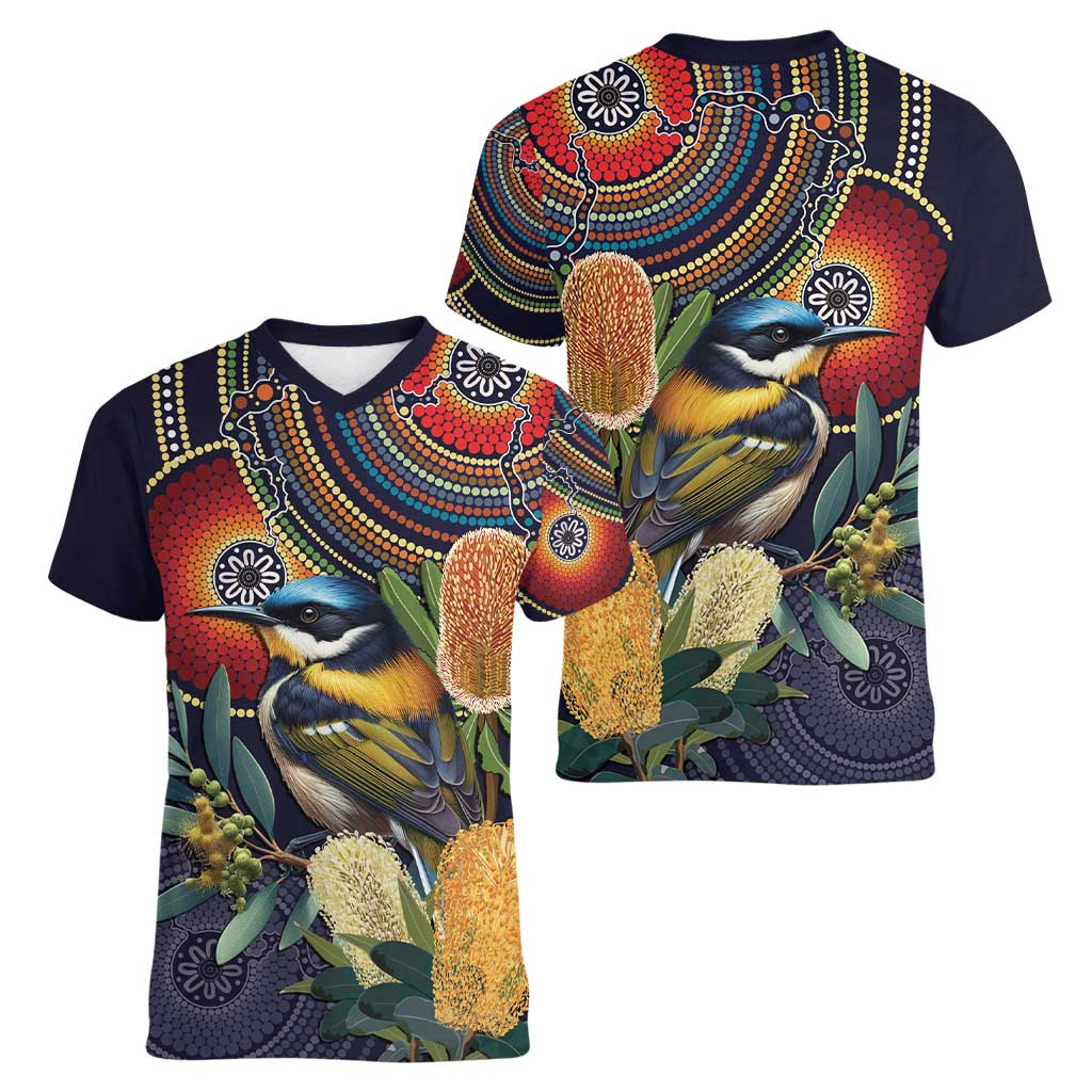 Aussie Honeyeaters Banksia Flowers Women V-Neck T-Shirt Aboriginal Dots Painting