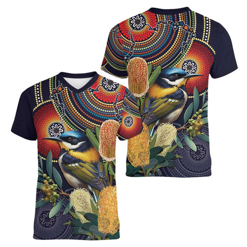 Aussie Honeyeaters Banksia Flowers Women V-Neck T-Shirt Aboriginal Dots Painting