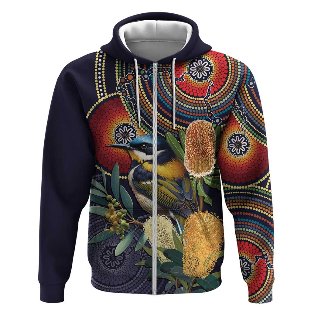 Aussie Honeyeaters Banksia Flowers Zip Hoodie Aboriginal Dots Painting