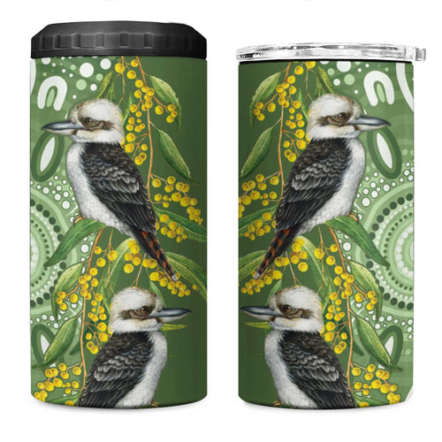 Aussie Kokaburra Golden Wattle 4 in 1 Can Cooler Tumbler Aboriginal with National Color