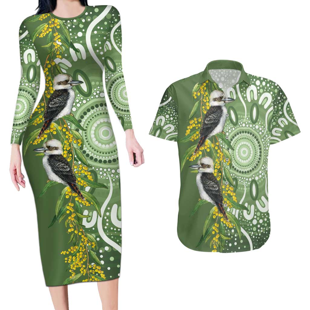 Aussie Kokaburra Golden Wattle Couples Matching Long Sleeve Bodycon Dress and Hawaiian Shirt Aboriginal with National Color